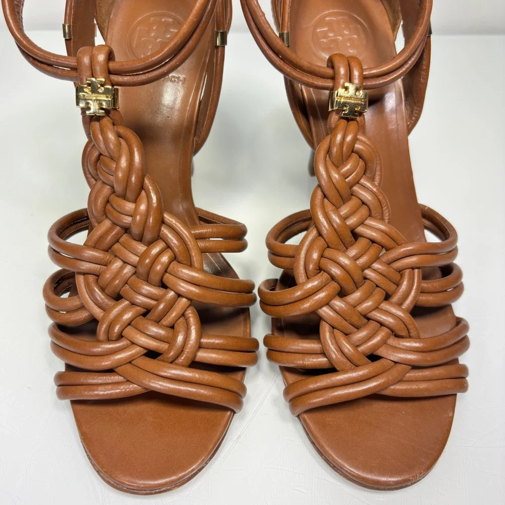 Tory Burch Brown Strappy Braided Leather Heels Size 8.5